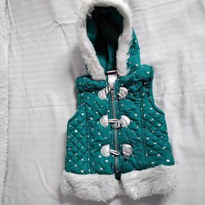 Little Lass Baby Girls 18-month Puffer Vest Hoodie Green White Zip Front 007